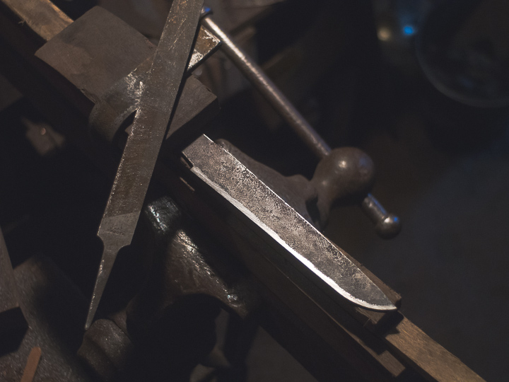 Island Blacksmith: Charcoal forged knives reclaimed from harrow teeth.