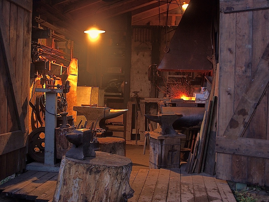 Blacksmithing forge in traditional workshop