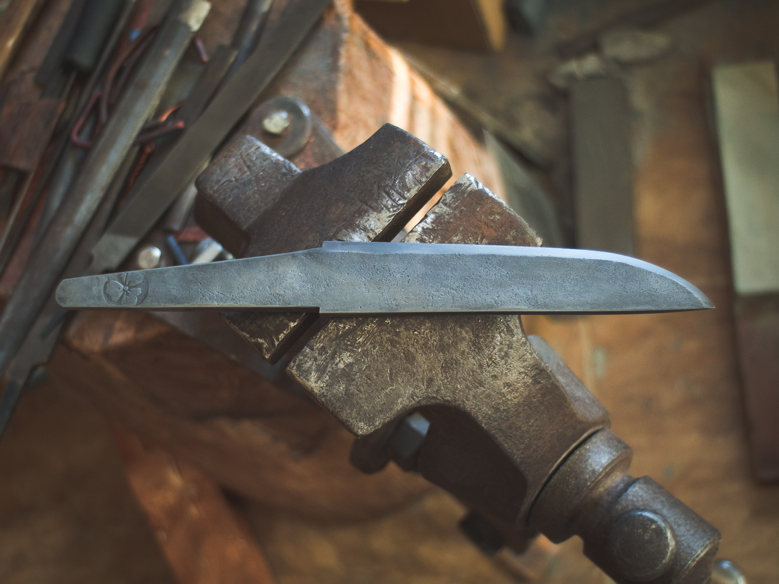 Island Blacksmith: Charcoal forged knives reclaimed from farm equipment.